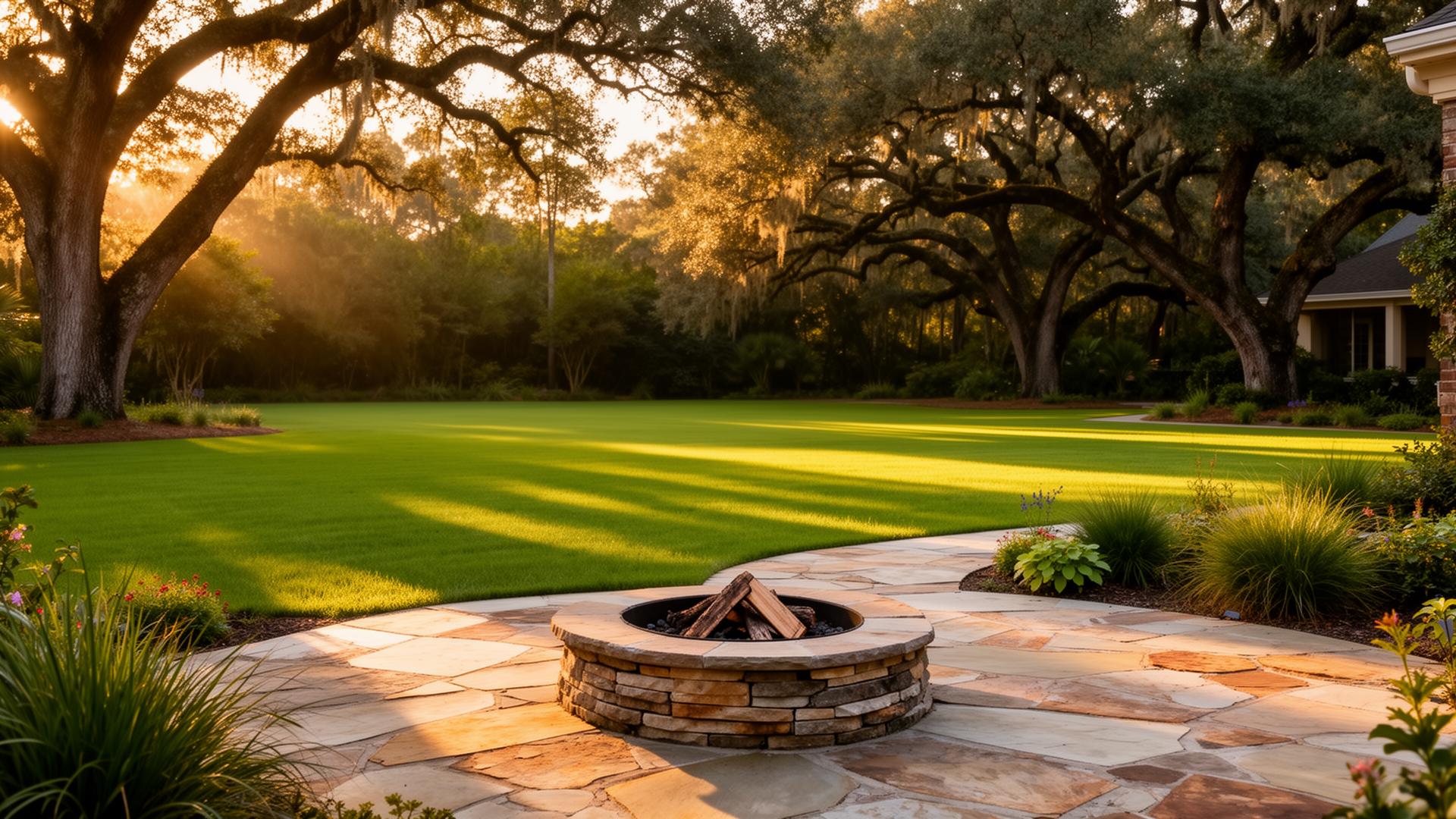 Beautiful South Carolina backyard with stone patio and lush lawn at golden hour